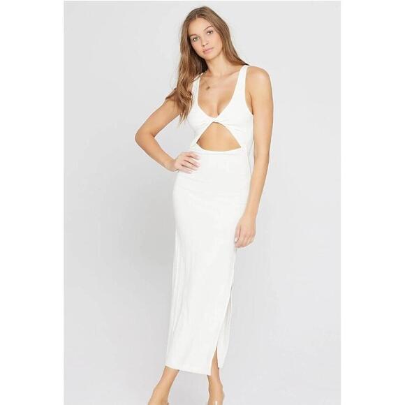 NWT L*SPACE Cream Ribbed Twist Cutout Maxi Dress Sleeveless Keyhole Large - Picture 2 of 10